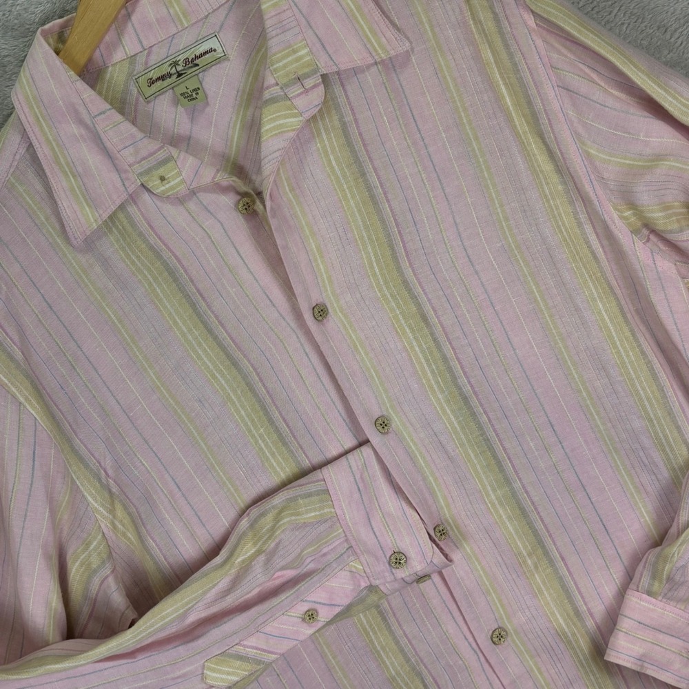 Tommy Bahama Men's Linen Shirt Pink Green Stripe Long Sleeve Button Up‎ Sz L